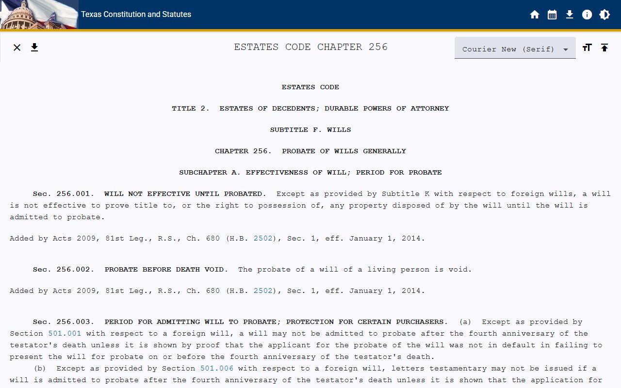 Texas Estates Code Chapter 256 probate of wills statute for Bell County probate records