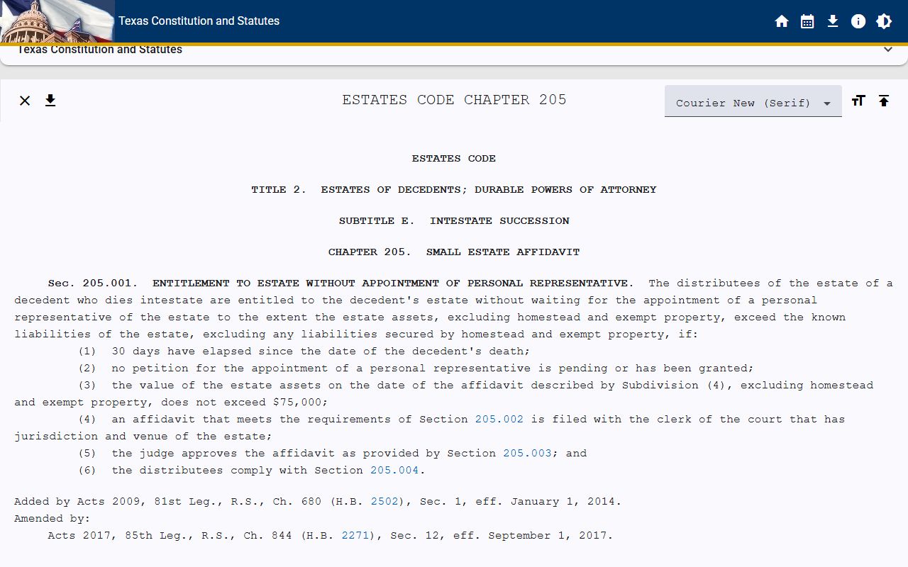 Texas Estates Code Chapter 205 small estate affidavit statute for Bell County probate records