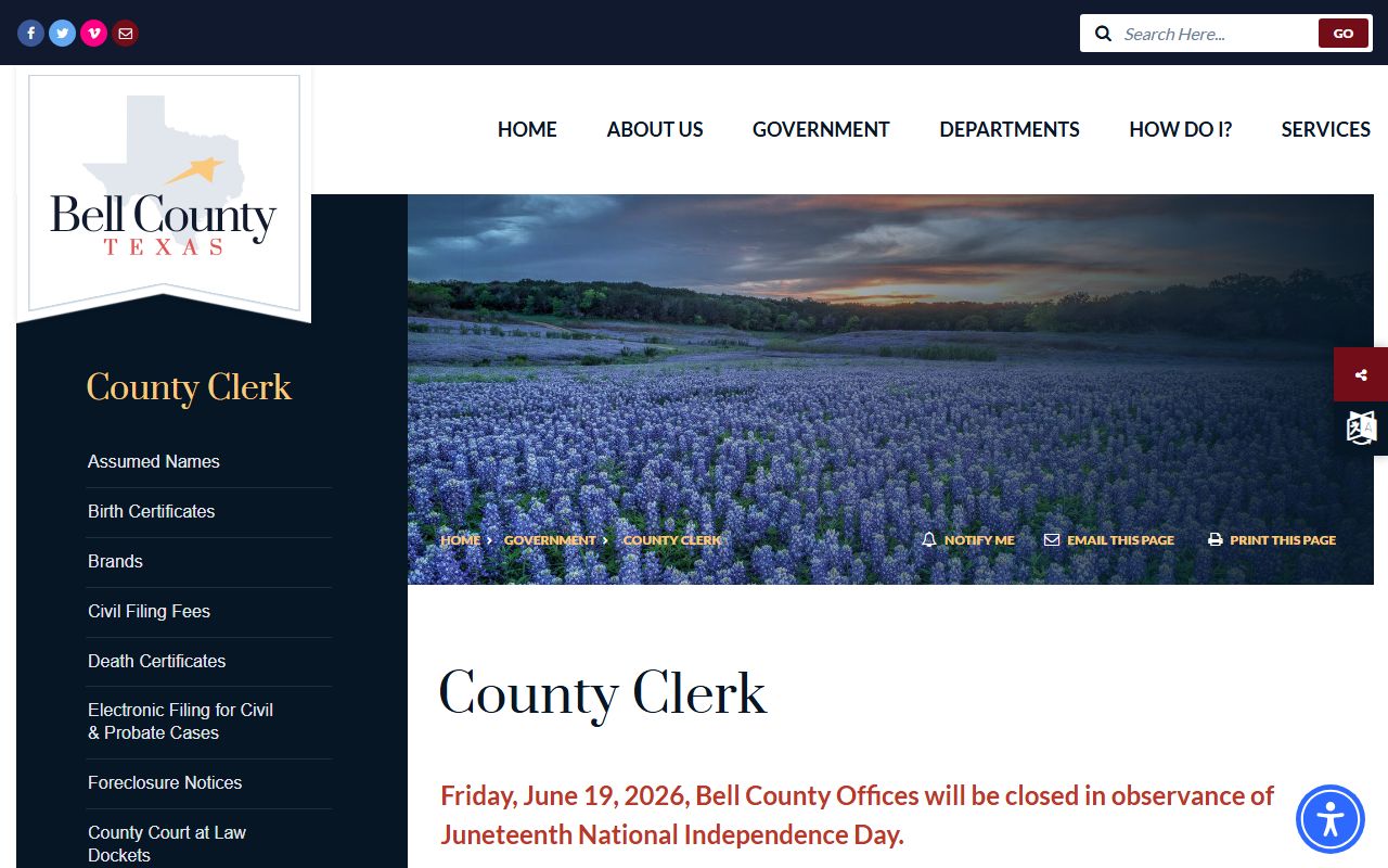 Bell County Clerk page with marriage and probate record links