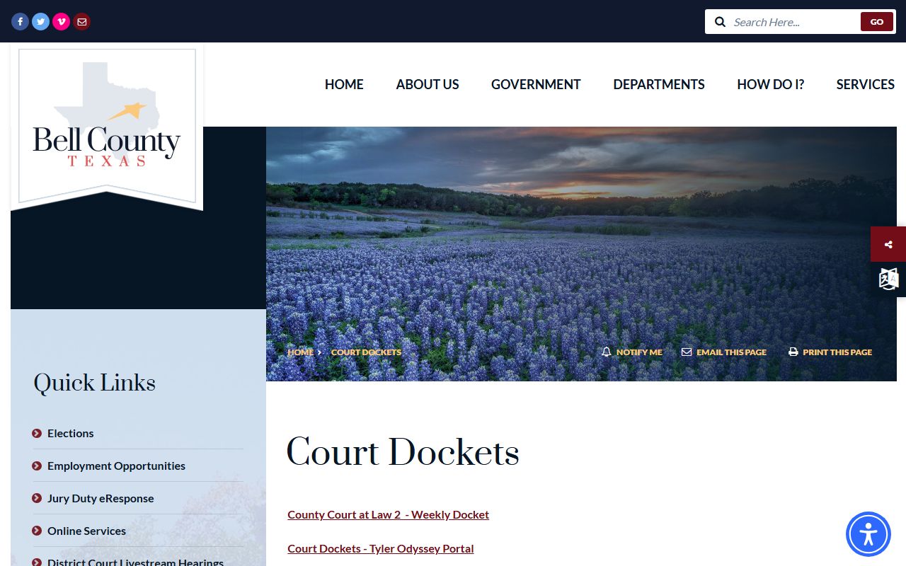 Bell County Court Dockets page for hearing settings
