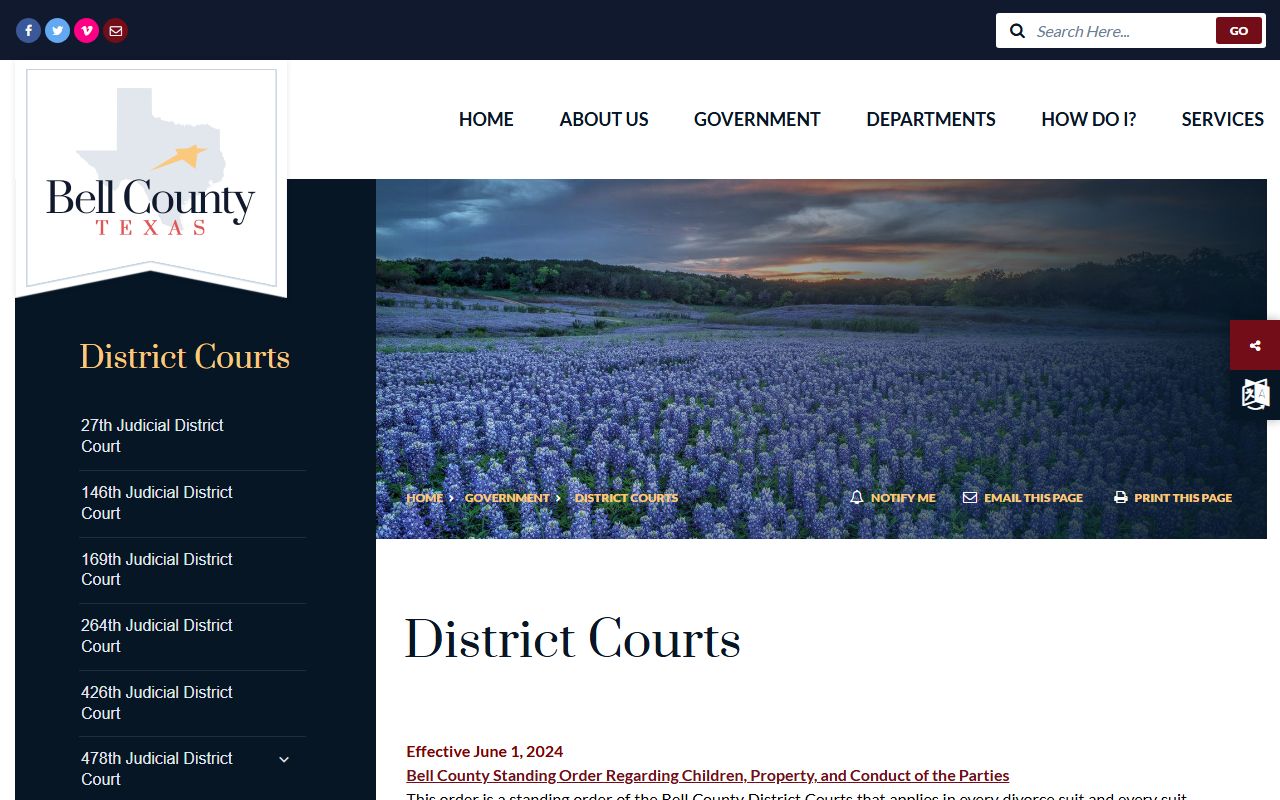 Bell County District Courts page listing numbered trial courts