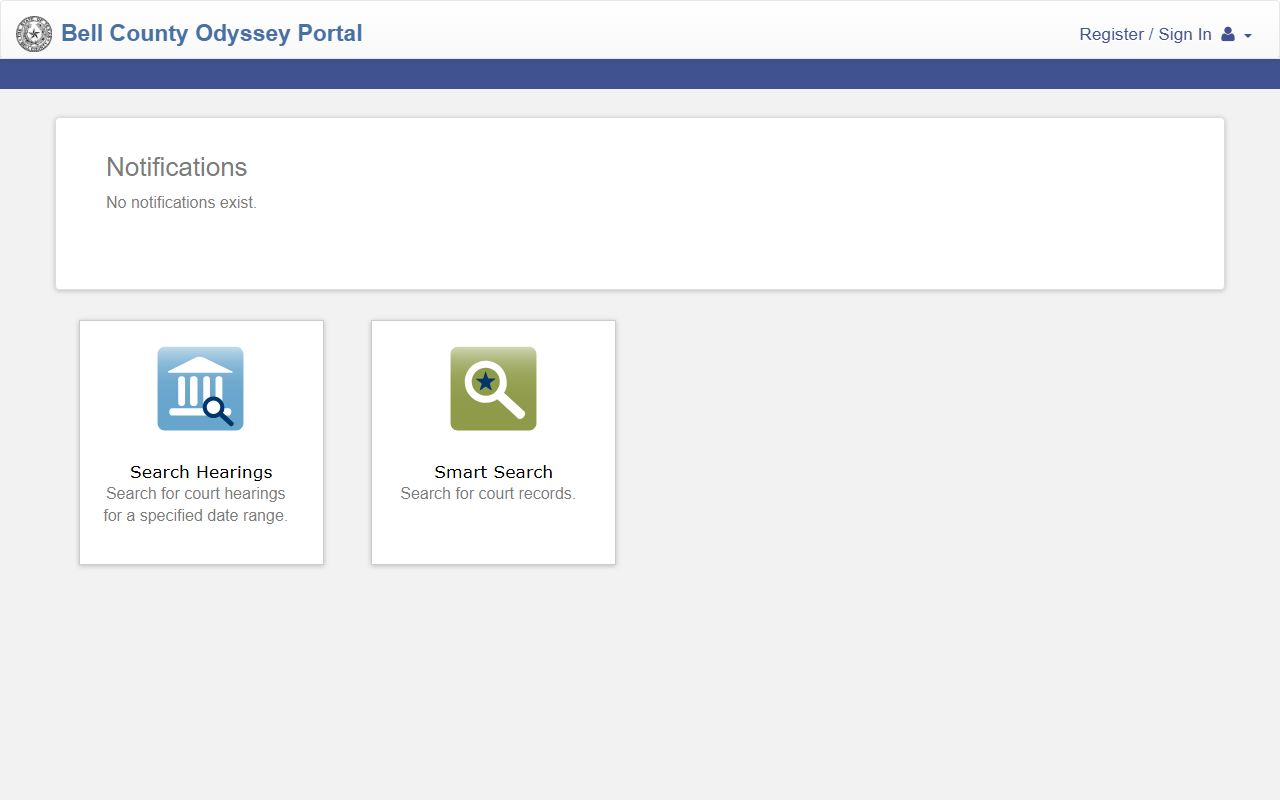 Bell County Court Odyssey Portal landing page with Smart Search and Search Hearings