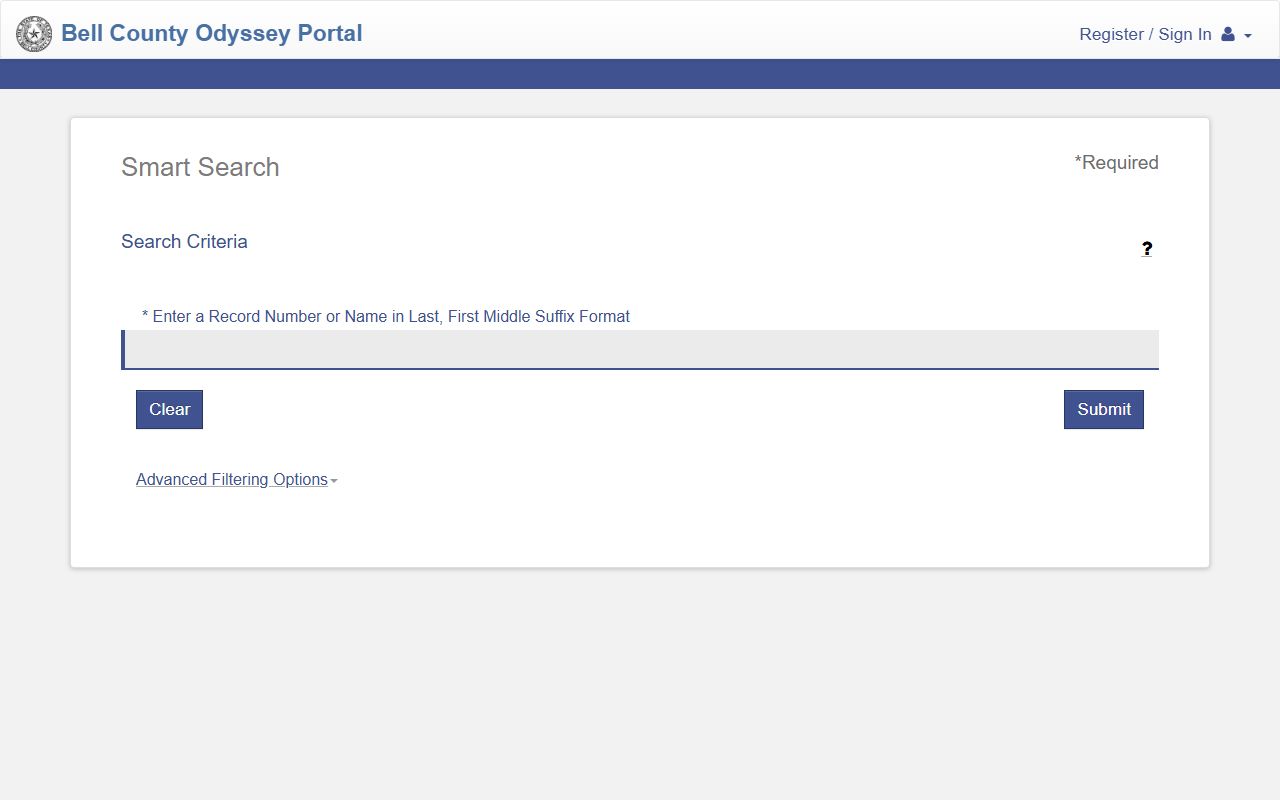 Bell County Court records Odyssey Smart Search form fields