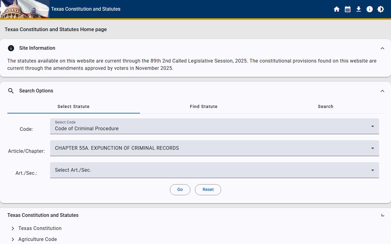 Texas Code of Criminal Procedure Chapter 55A expunction statute for Bell County criminal records