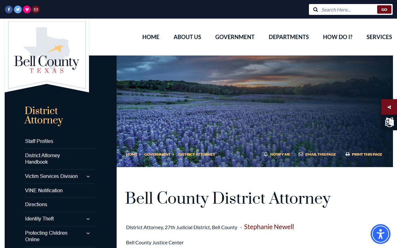 Bell County District Attorney page with victim services and case links