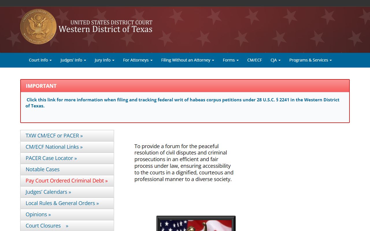Western District of Texas federal court records page serving Bell County
