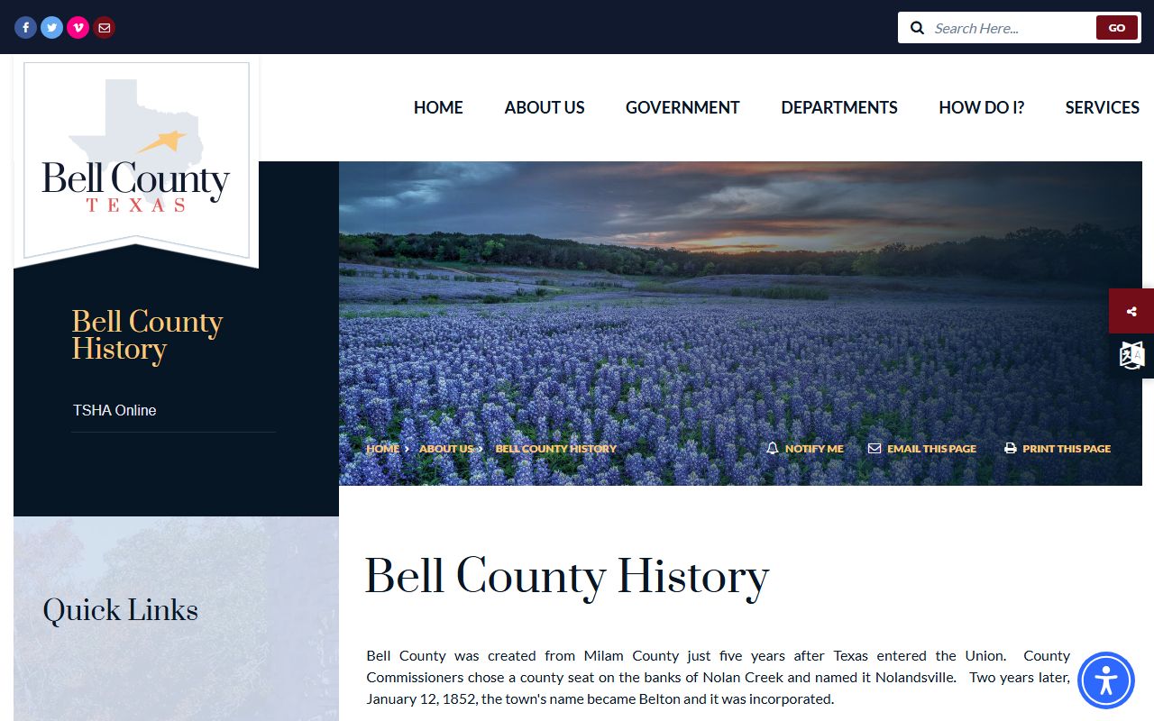 Bell County, Texas history and county background reference page