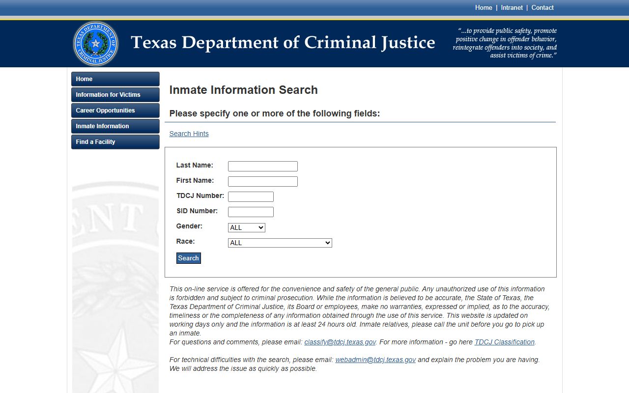 Texas state inmate search start page for released Bell County inmates