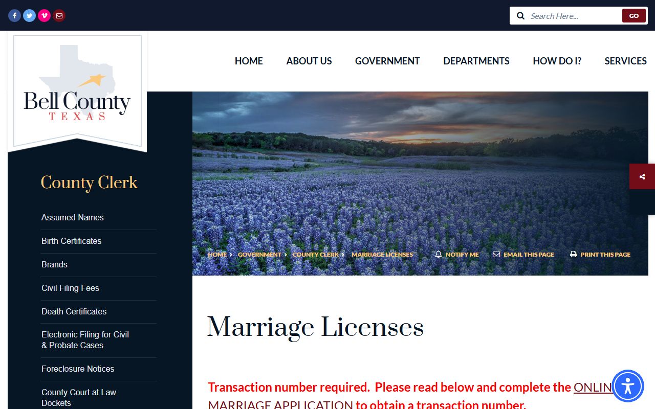 Bell County marriage license page from the County Clerk
