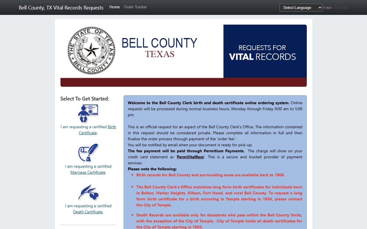 Bell County Permitium online certified copy request portal