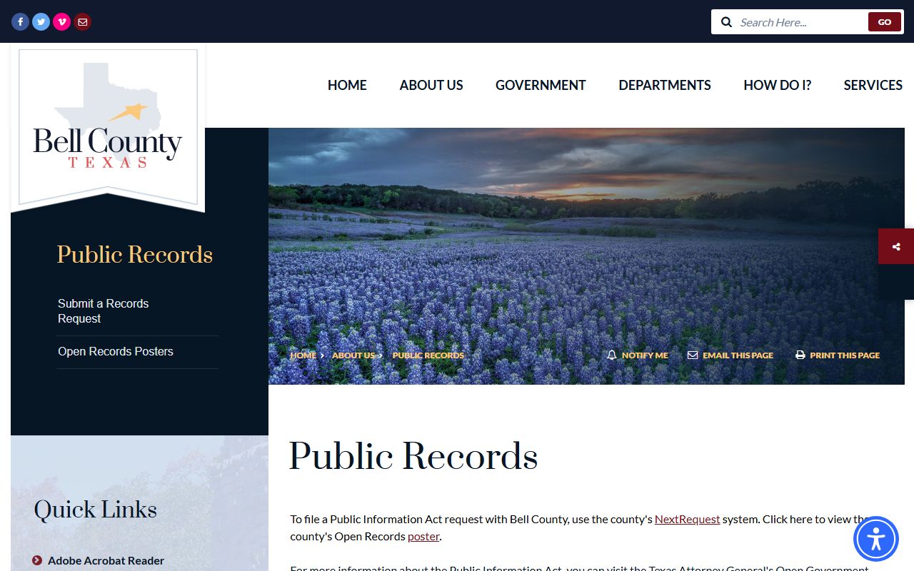 Bell County public records page explaining how to request records