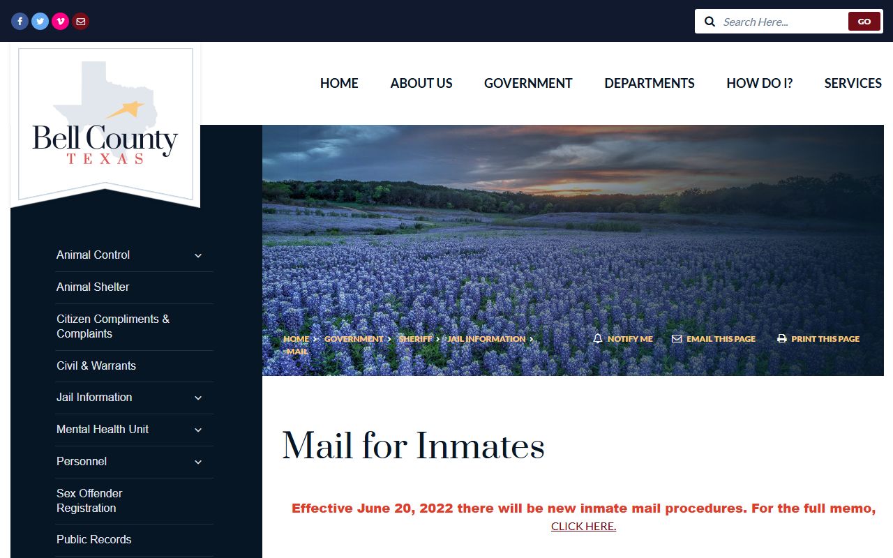 Bell County jail inmate mail rules page