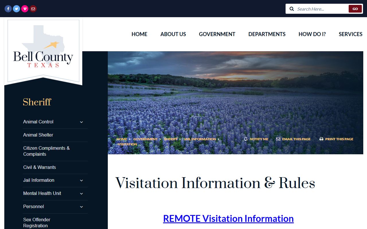 Bell County jail visitation information page