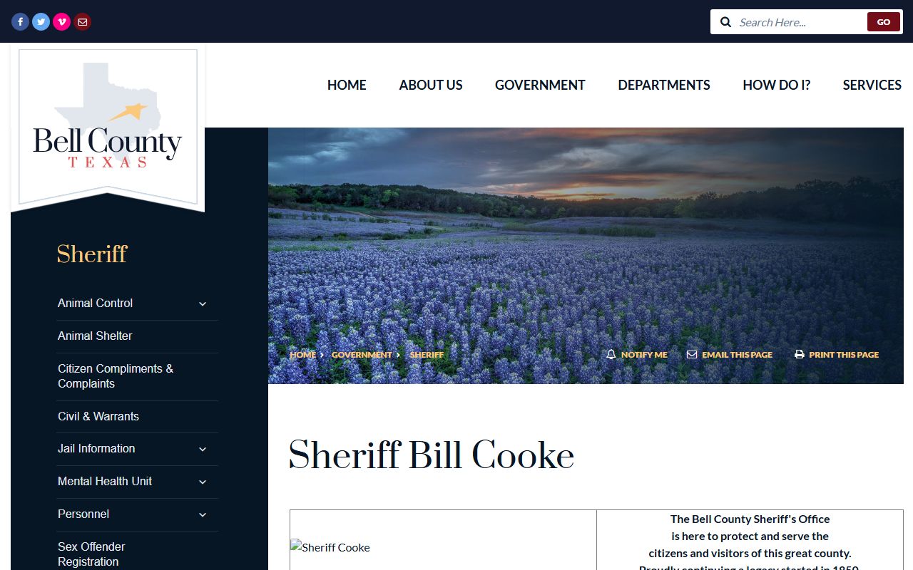 Bell County Sheriff's Office page with jail and inmate links