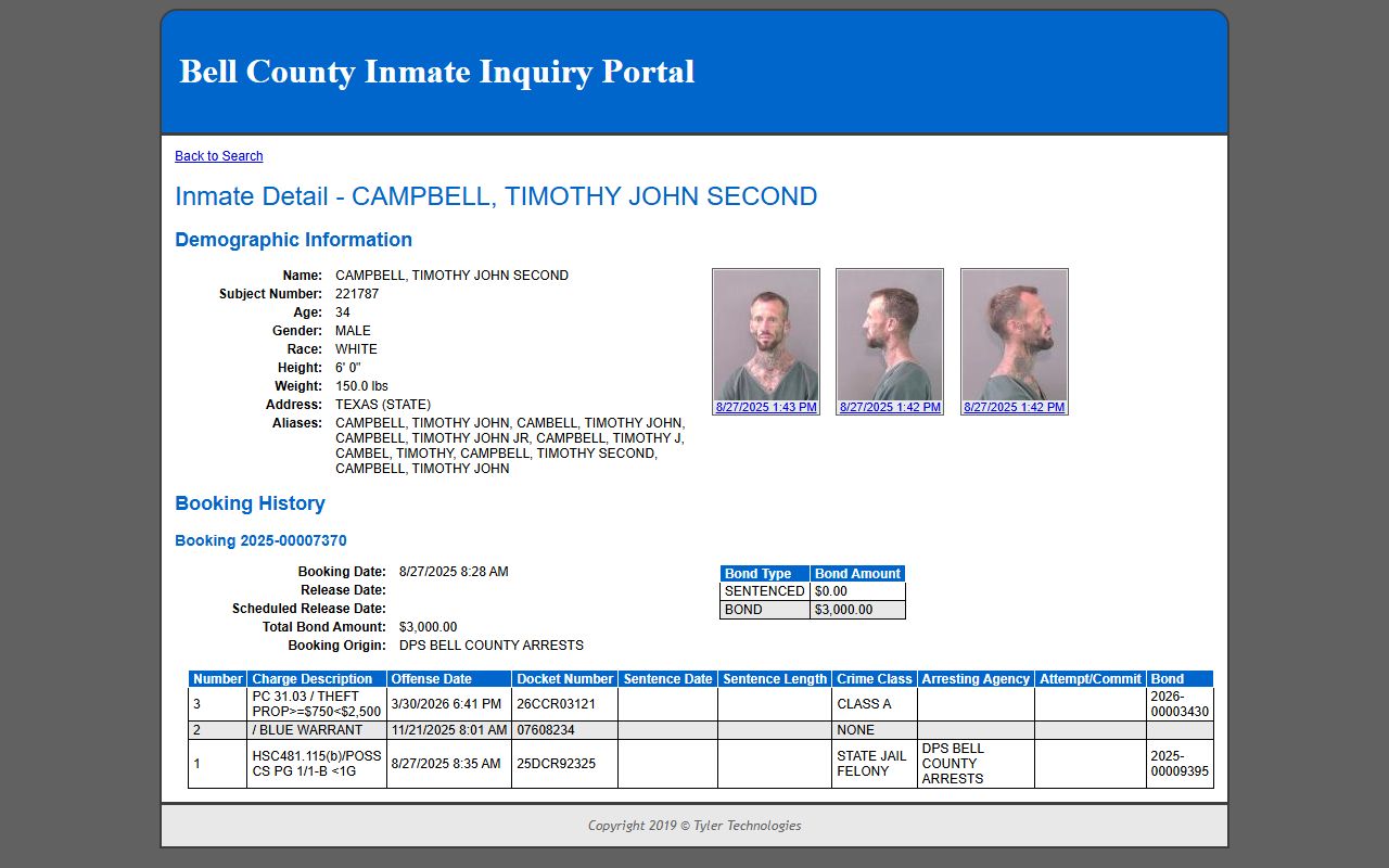 Bell County inmate detail page showing booking history and charges