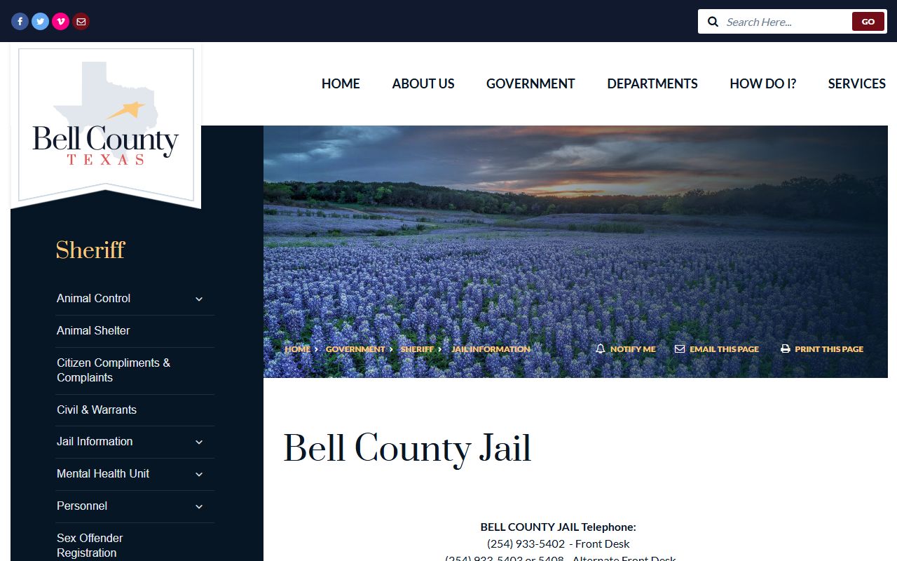 Bell County jail information page with inmate roster link