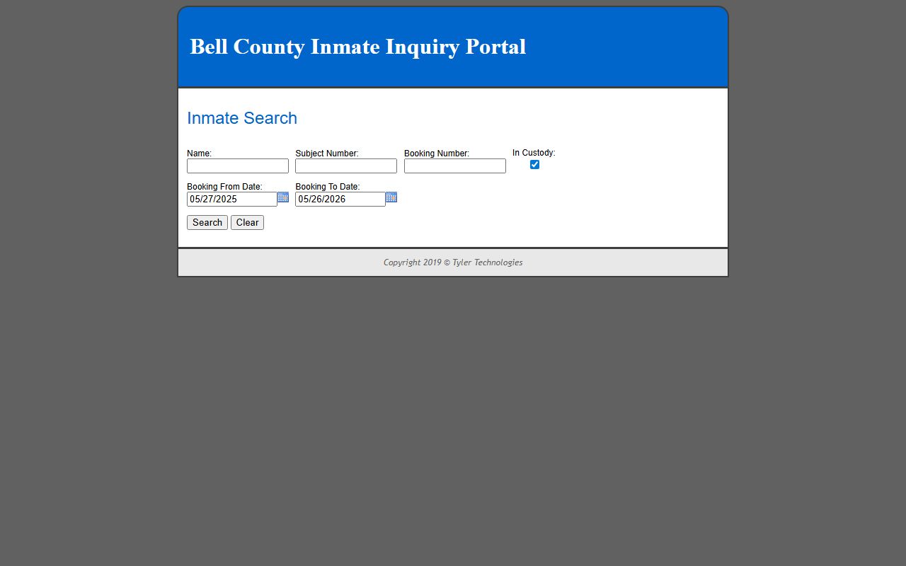 Bell County Inmate Inquiry Portal search form for the jail roster