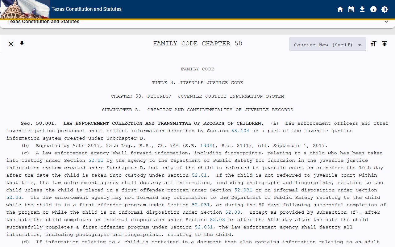 Texas Family Code Chapter 58 juvenile records statute that applies to Bell County district court cases