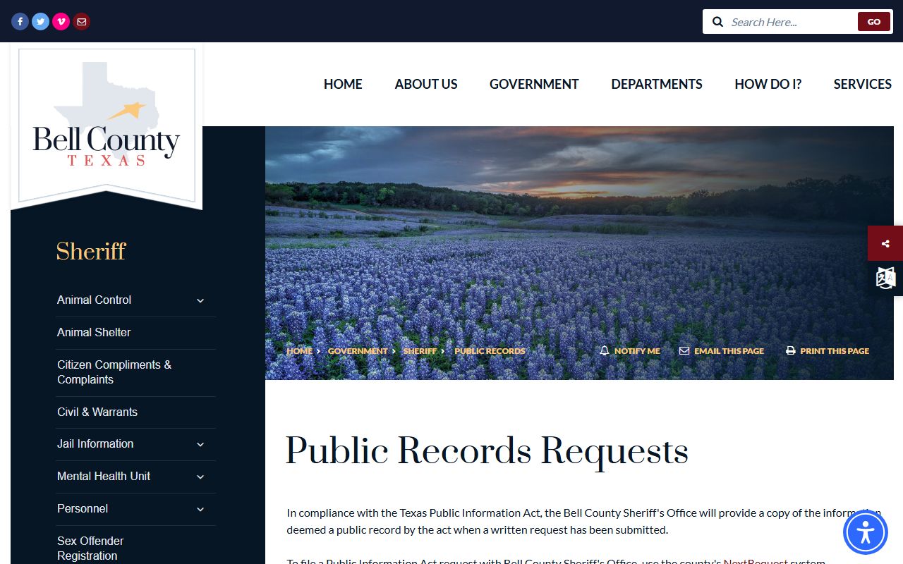 Bell County Sheriff public records page for warrants and reports