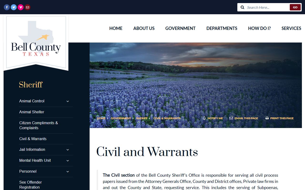 Bell County Sheriff Civil and Warrants page for warrant records